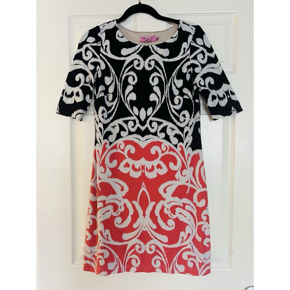 Eliza J Sheath Dress Sz 4 Colorblock Tunic Black Coral Knit Regal Bold Retro EUC